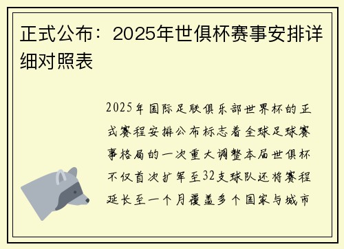 正式公布：2025年世俱杯赛事安排详细对照表