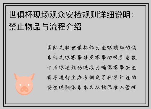 世俱杯现场观众安检规则详细说明：禁止物品与流程介绍